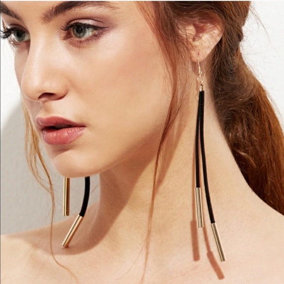 LAST ONE ‼️ Black Leather Gold Dangle Trendy Earrings - Picture 1 of 5